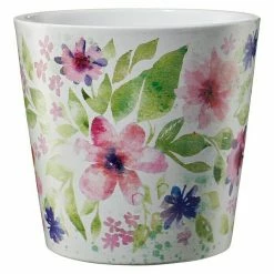 BAUHAUS Soendgen Keramik Übertopf Rund Dallas Aquarelle Außenmaß (Ø X H): 14 X 13 Cm, Weiß, Keramik, Glänzend, Blütenaquarell