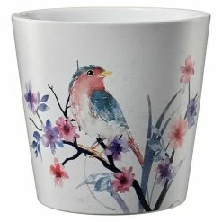 BAUHAUS Soendgen Keramik Übertopf Rund Dallas Aquarelle Außenmaß (Ø X H): 14 X 13 Cm, Weiß, Keramik, Glänzend, Vogelaquarell