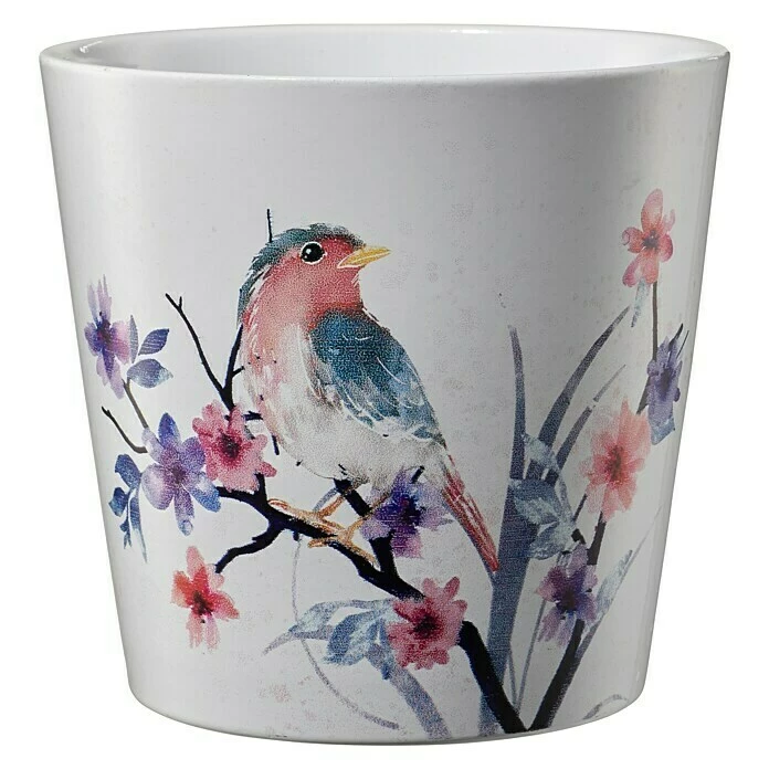 BAUHAUS Soendgen Keramik Übertopf Rund Dallas Aquarelle Außenmaß (Ø X H): 14 X 13 Cm, Weiß, Keramik, Glänzend, Vogelaquarell