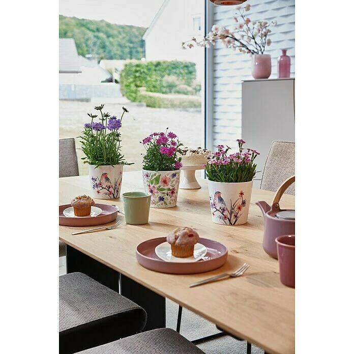 BAUHAUS Soendgen Keramik Übertopf Rund Dallas Aquarelle Außenmaß (Ø X H): 14 X 13 Cm, Weiß, Keramik, Glänzend, Vogelaquarell – Bild 2